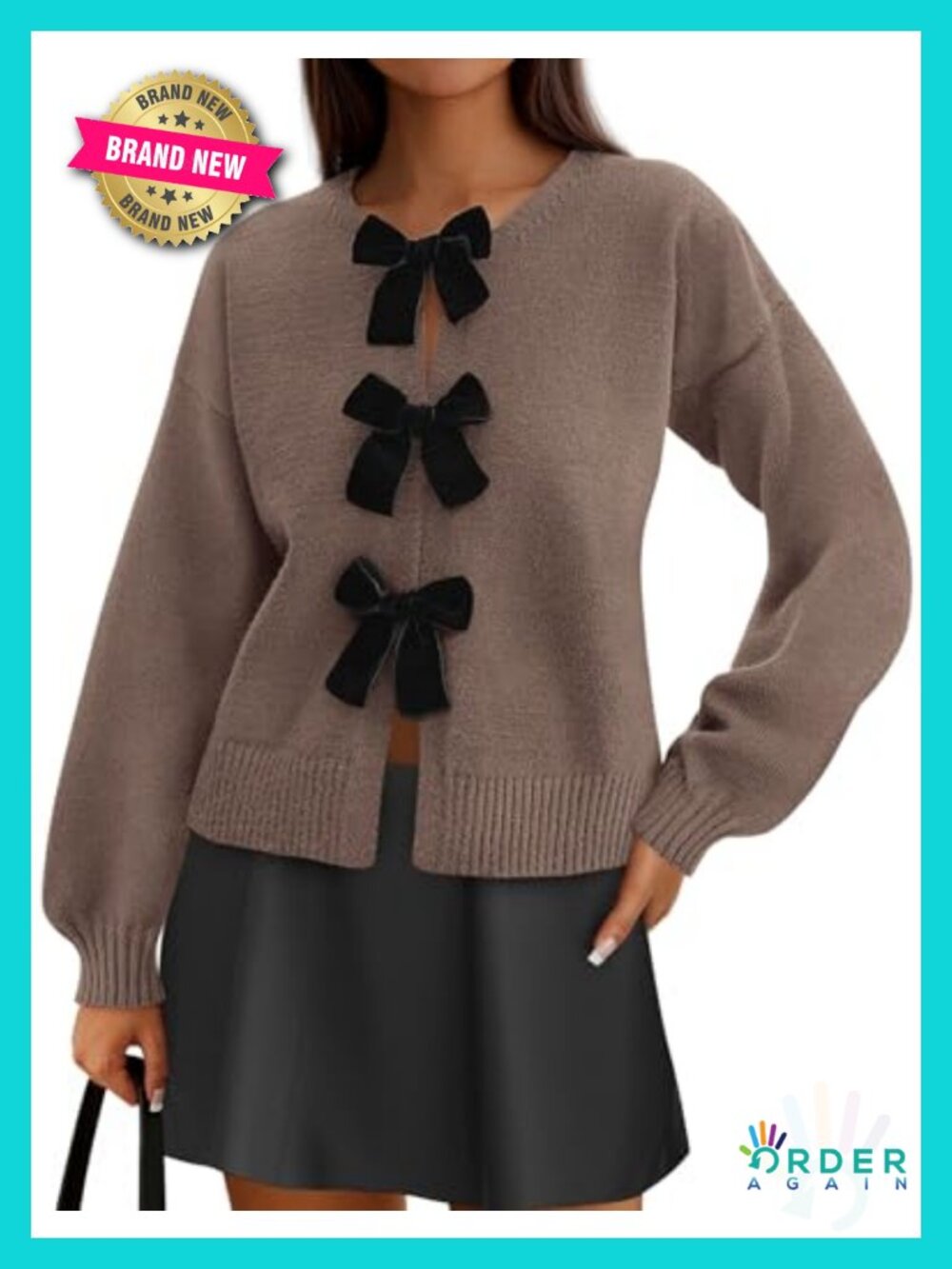 Women's Bow Tie Front Cardigan Sweater Long Sleeve Crewneck Knit